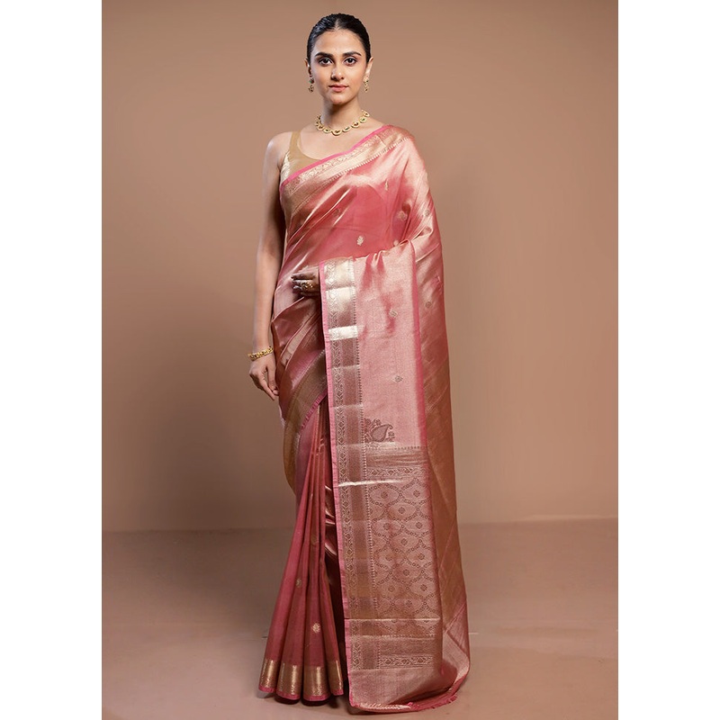 Pink Tissue Silk Saree With Blouse Piece - JD986613048