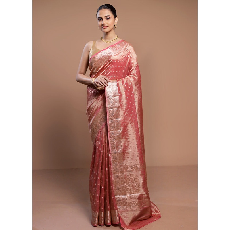 Pink Tissue Silk Saree With Blouse Piece - JD986613049