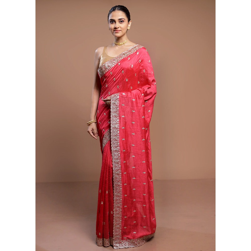 Pink Tussar Silk Saree With Blouse Piece - JD986613043
