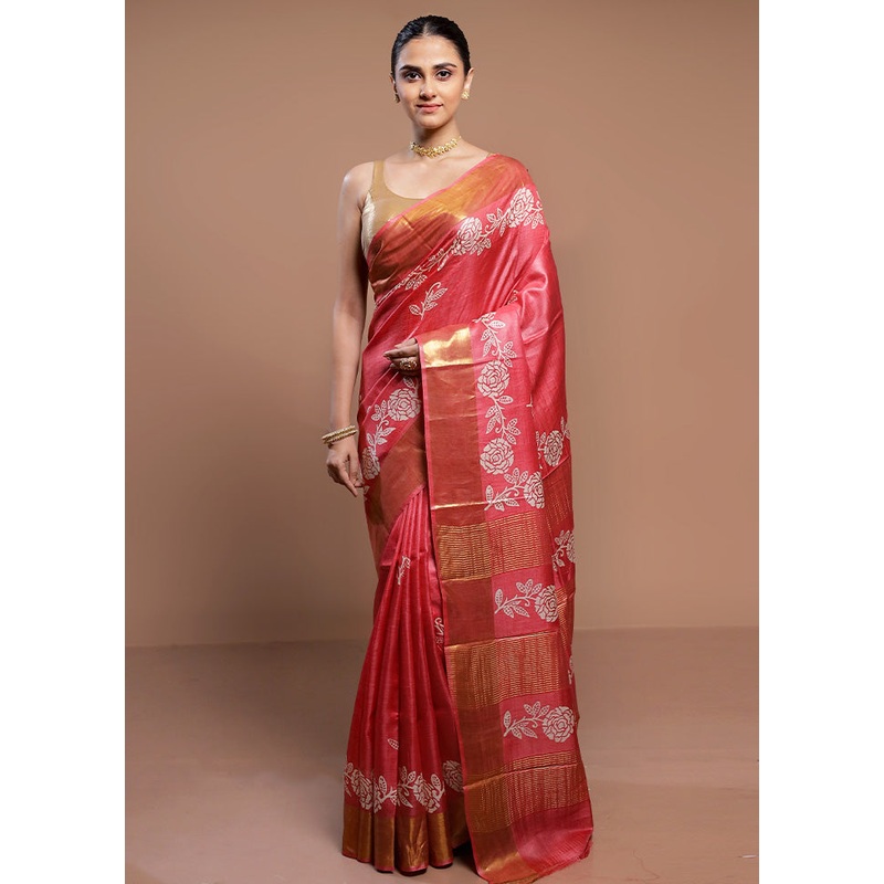 Pink Tussar Silk Saree With Blouse Piece - JD986613044