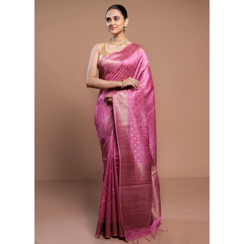 Pink Tussar Silk Saree With Blouse Piece - JD986613046