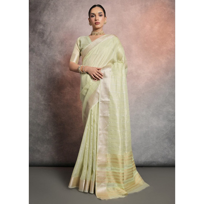 Pista Green Linen Silk Saree With Blouse Piece - JD986612891