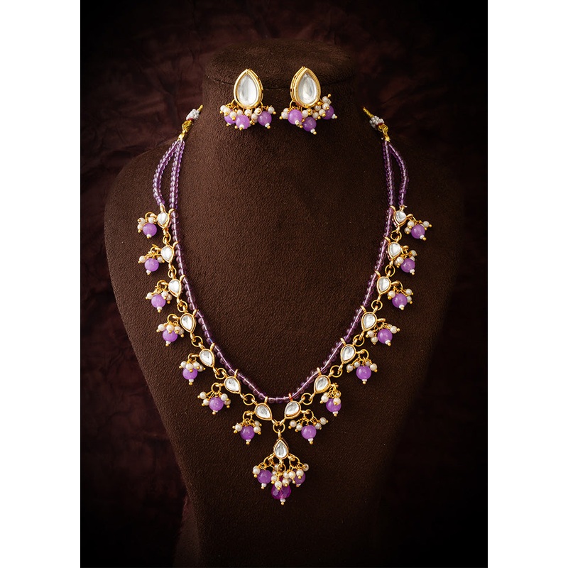 Purple Brass Kundan Stone Work Necklace - JD986612978