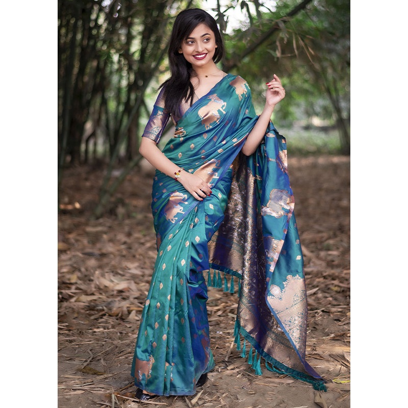 Rama Spun Silk Saree With Blouse Piece - JD986613004