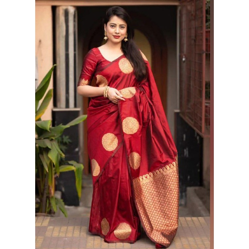 Red Banarasi Silk Saree With Blouse Piece - JD986612963