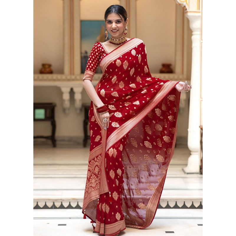 Red Banarasi Silk Saree With Blouse Piece - JD986612966