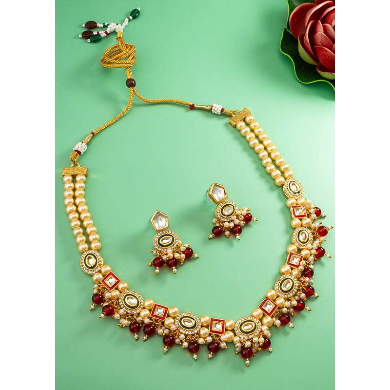 Red Brass Artificial Pearl And Kundan Work Necklace - JD986612977