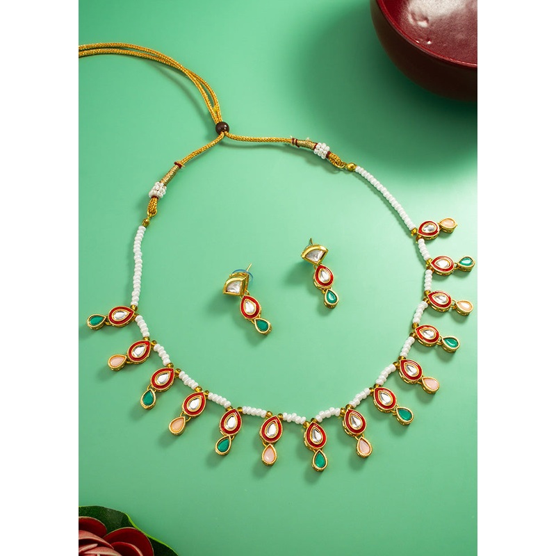 Red Brass Kundan Stone Work Necklace - JD986612974