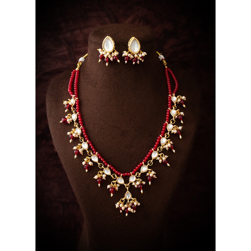 Red Brass Kundan Stone Work Necklace - JD986612975