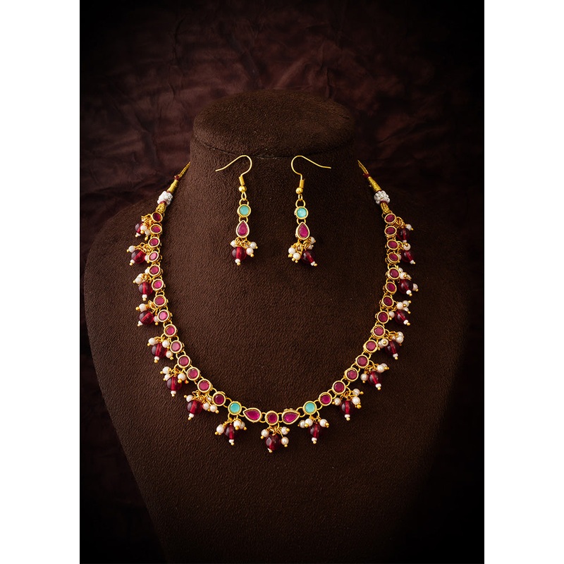 Red Brass Kundan Stone Work Necklace - JD986612976