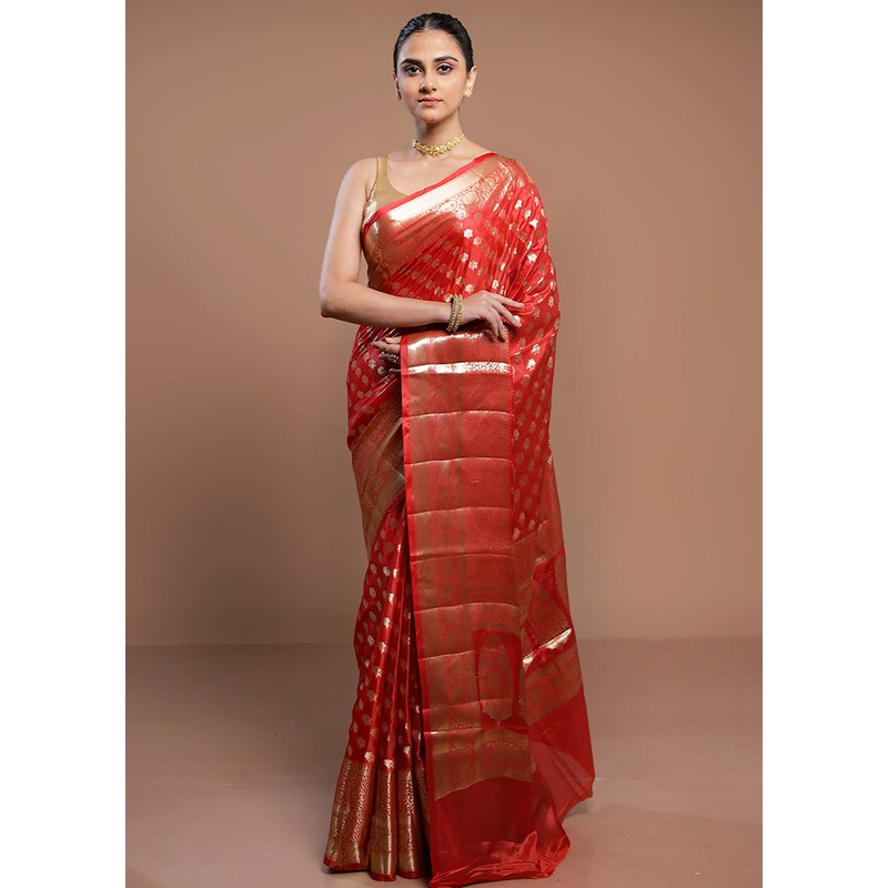 Red Dupion Silk Saree With Blouse Piece - JD986613028