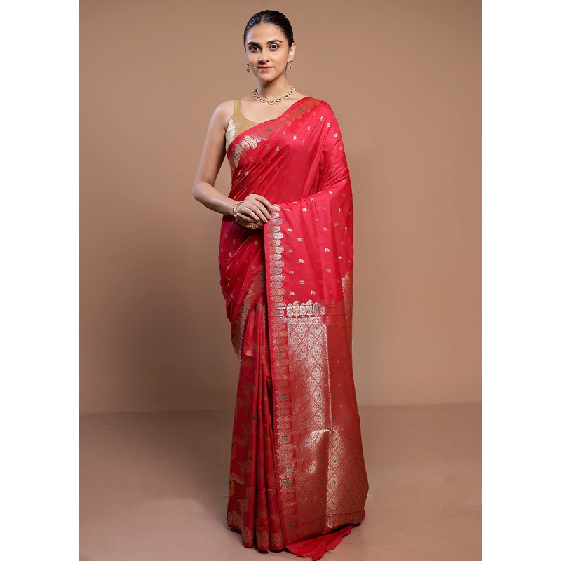 Red Dupion Silk Saree With Blouse Piece - JD986613029