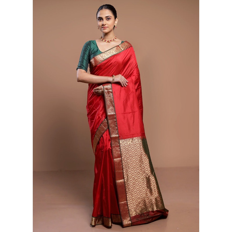Red Handloom Kanjivaram Pure Silk Saree With Blouse Piece - JD986613027