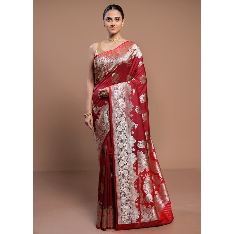 Red Katan Silk Saree With Blouse Piece - JD986613025