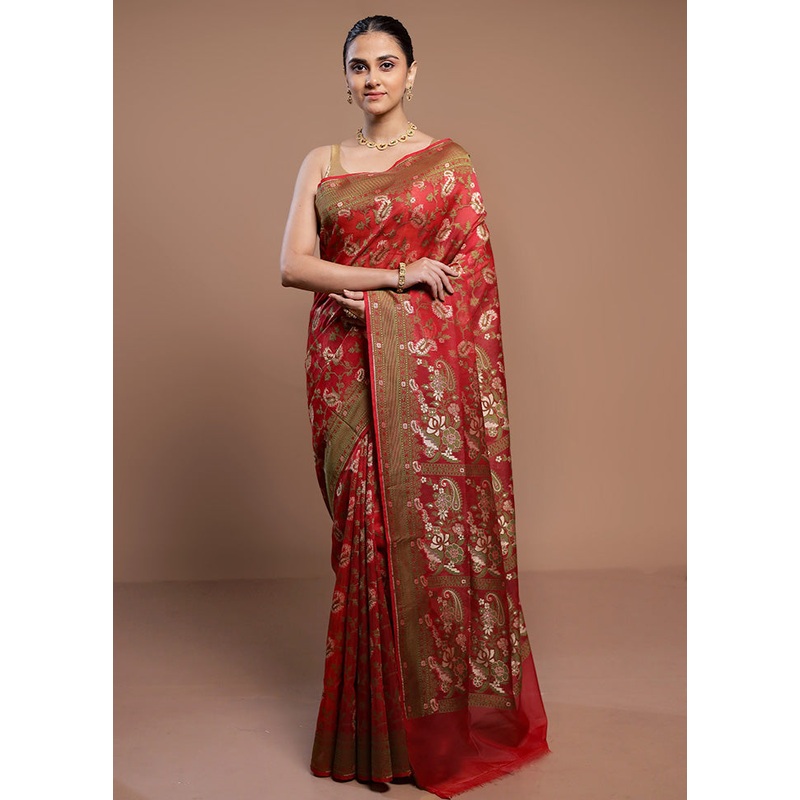 Red Kora Silk Saree With Blouse Piece - JD986613023