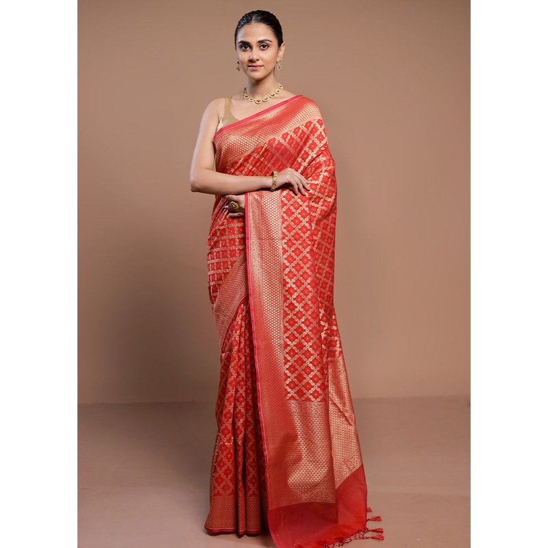 Red Kora Silk Saree With Blouse Piece - JD986613024