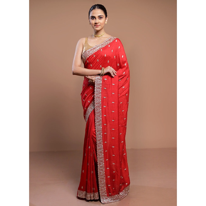 Red Tussar Silk Saree With Blouse Piece - JD986613022