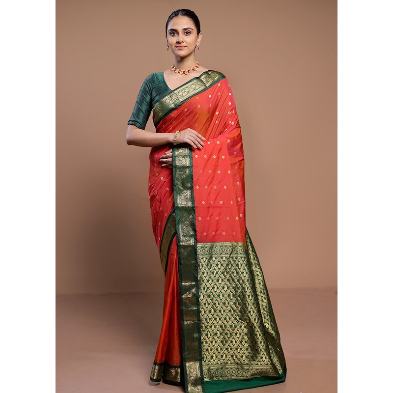 Rust Kanjivaram Silk Saree With Blouse Piece - JD986613020