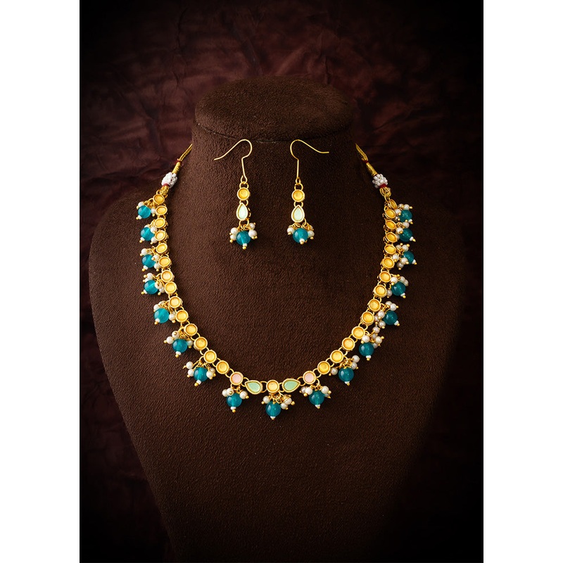 Sky blue Brass Kundan Stone Work Necklace - JD986612973