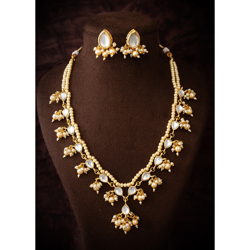 White Brass Kundan Stone Work Necklace - JD986612972