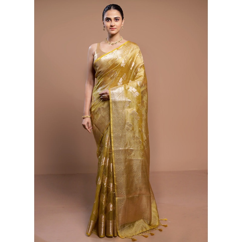 Yellow Crushed Tissue Silk Saree With Blouse Piece - JD986613017