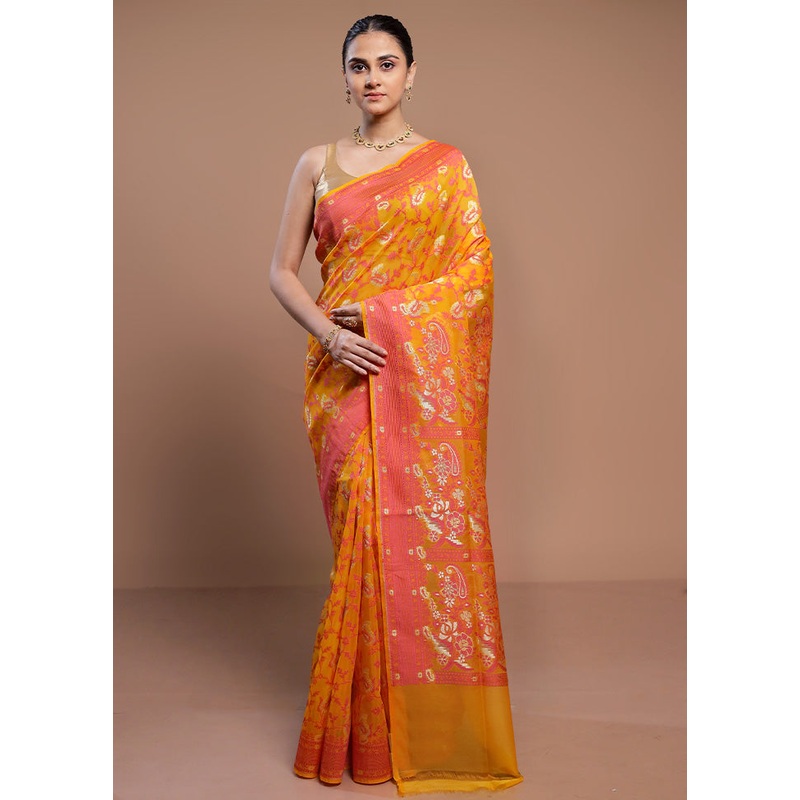 Yellow Kora Silk Saree With Blouse Piece - JD986613015