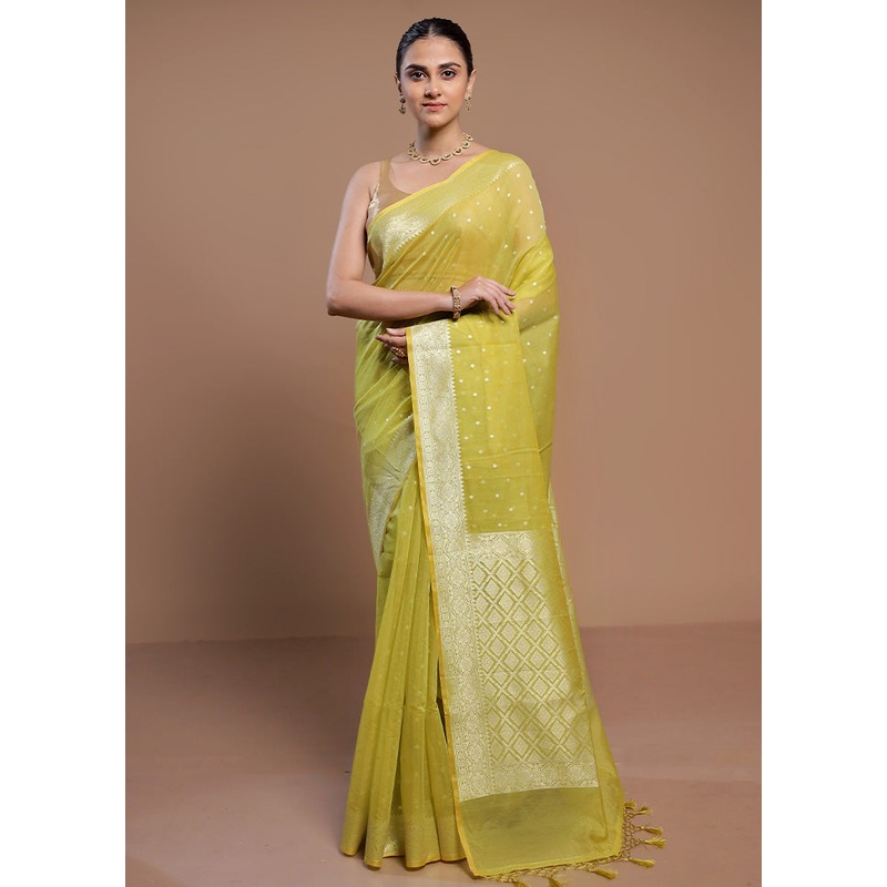 Yellow Kora Silk Saree With Blouse Piece - JD986613016