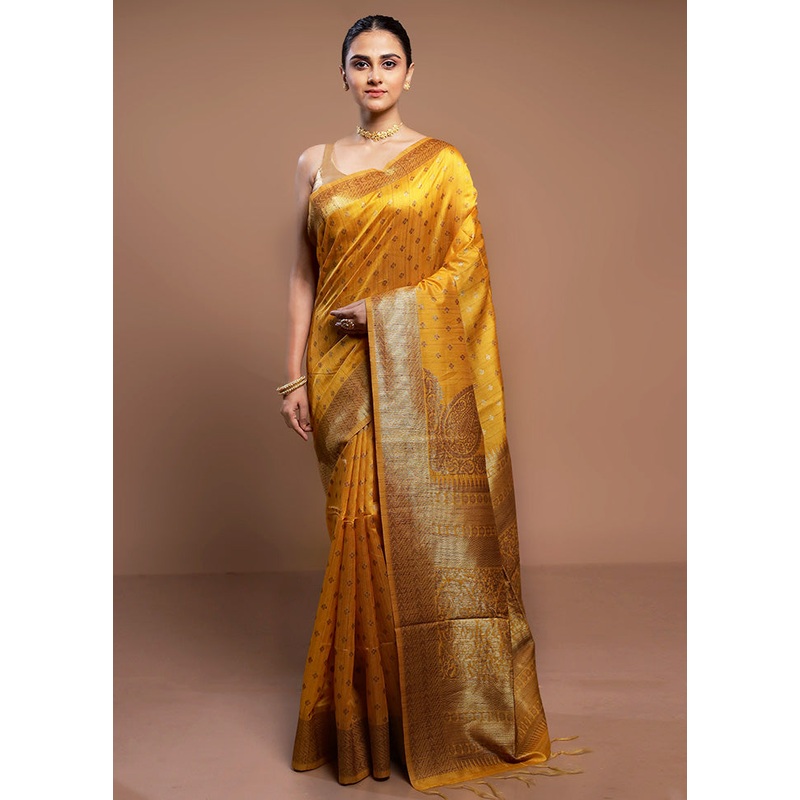 Yellow Tussar Silk Saree With Blouse Piece - JD986613014