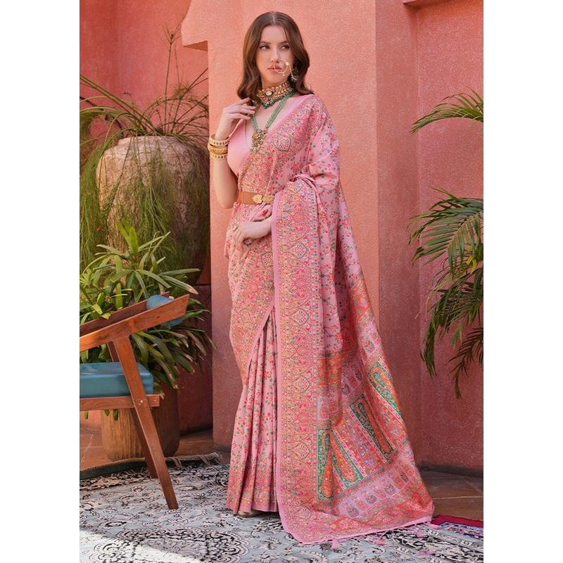 Baby Pink Banarasi Silk Saree With Blouse Piece - JD986612845