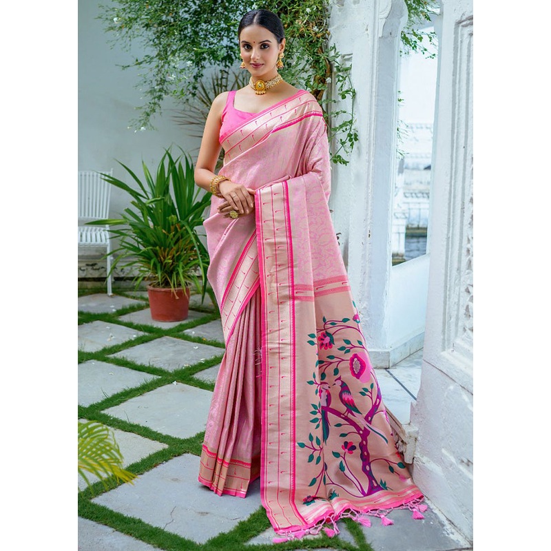 Baby Pink Kanjivaram Silk Saree With Blouse Piece - JD986612842