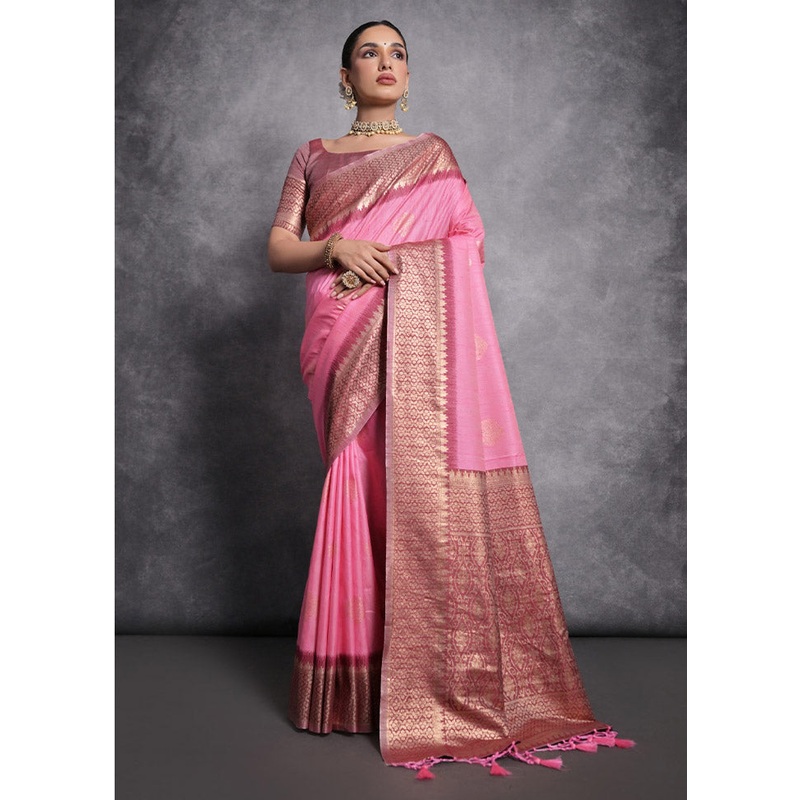 Baby Pink Tussar Silk Saree With Blouse Piece - JD986612841