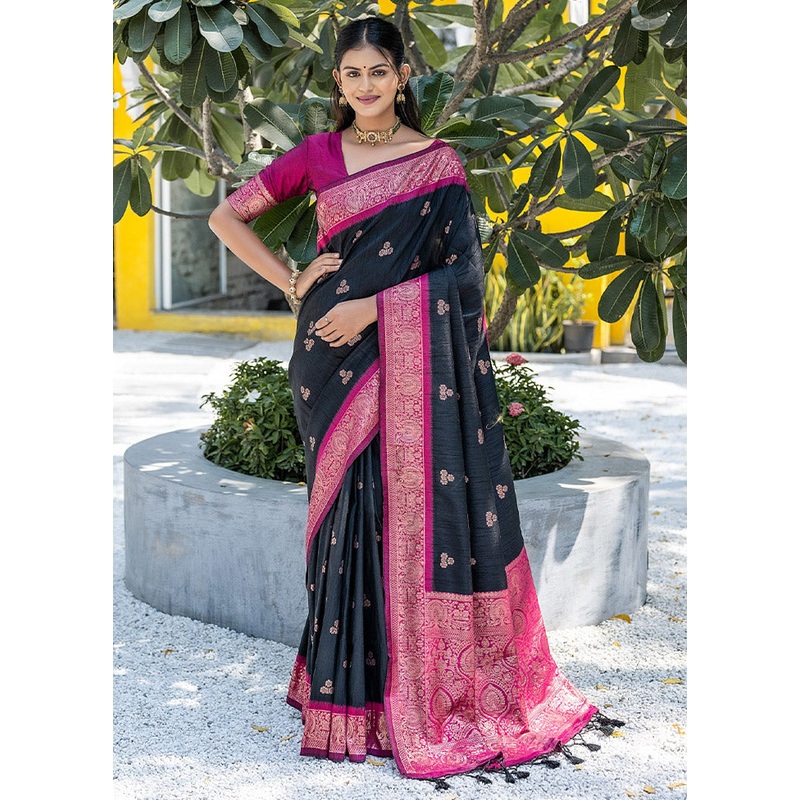 Black Banarasi Silk Saree With Blouse Piece - JD986612839
