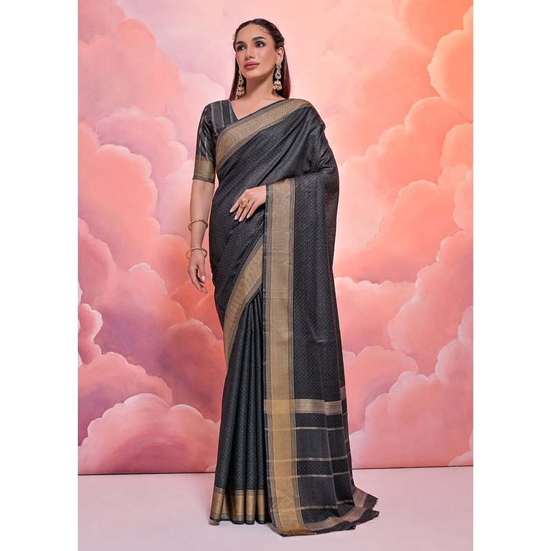 Black Cotton Saree With Blouse Piece - JD986612837