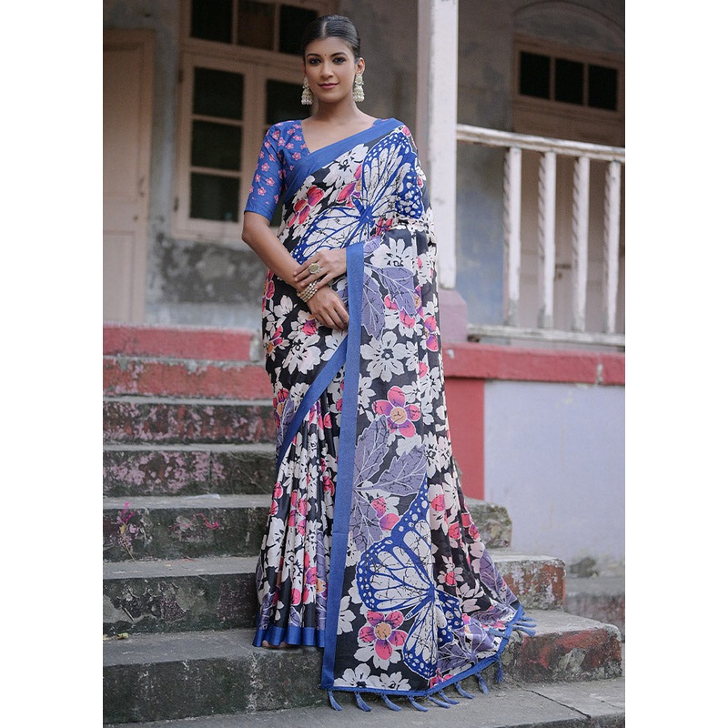 Black Cotton Saree With Blouse Piece - JD986612838