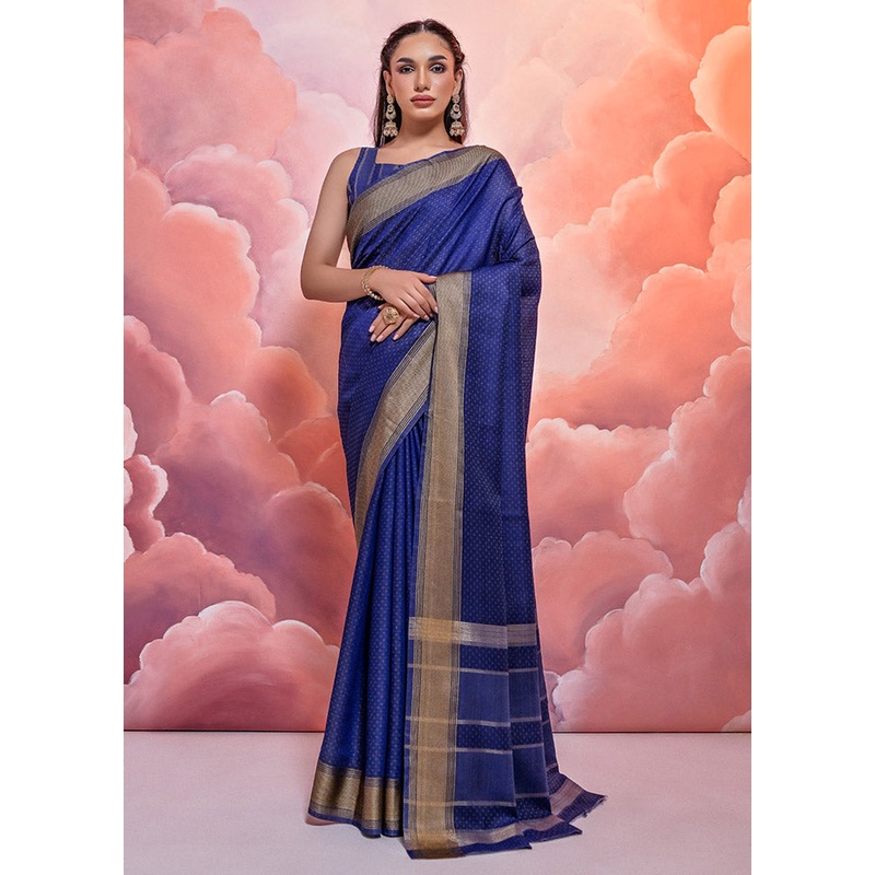 Blue Cotton Saree With Blouse Piece - JD986612834