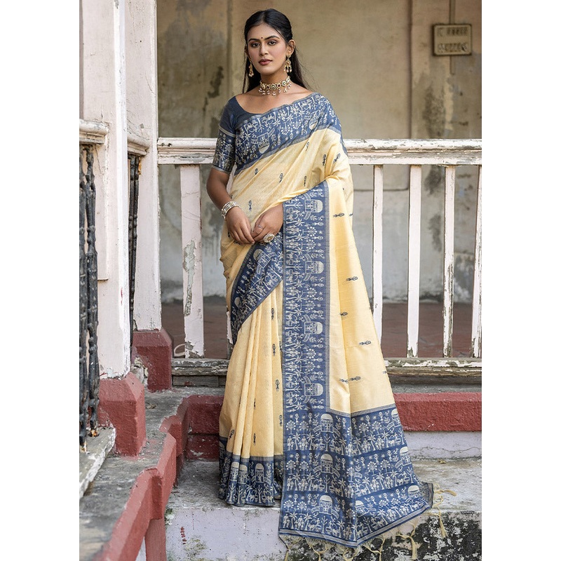 Blue Dupion Silk Saree With Blouse Piece - JD986612831