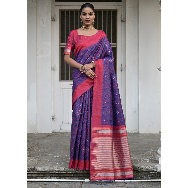 Blue Dupion Silk Saree With Blouse Piece - JD986612832