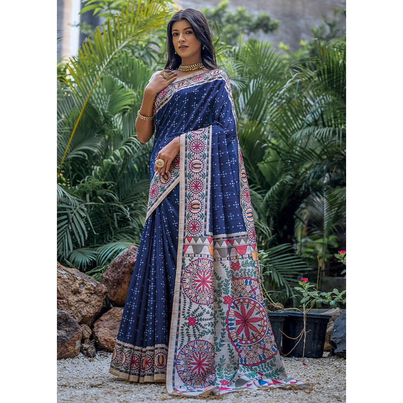 Blue Tussar Silk Saree With Blouse Piece - JD986612825