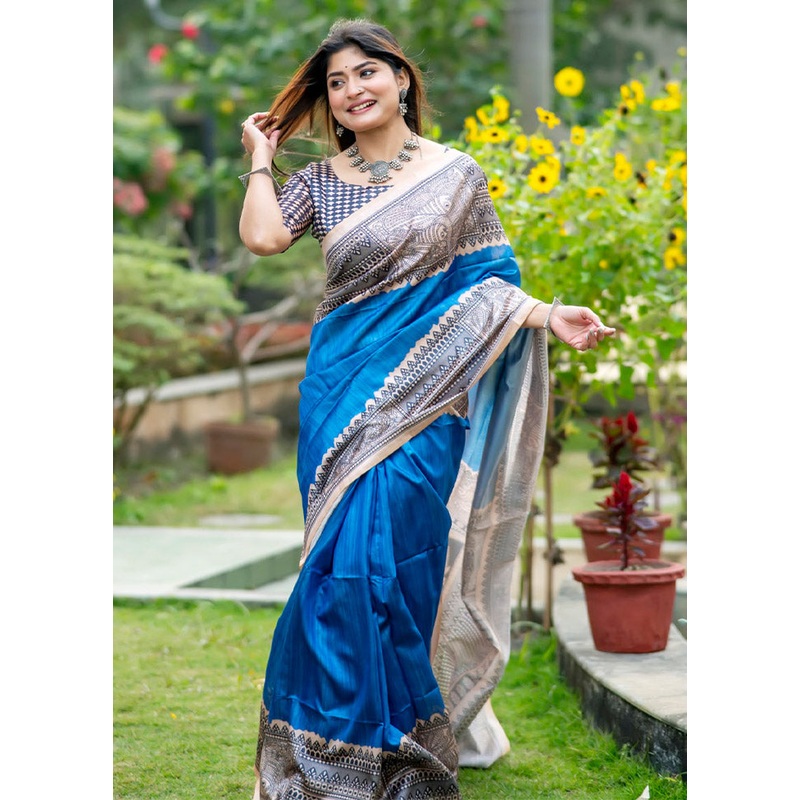 Blue Tussar Silk Saree With Blouse Piece - JD986612826