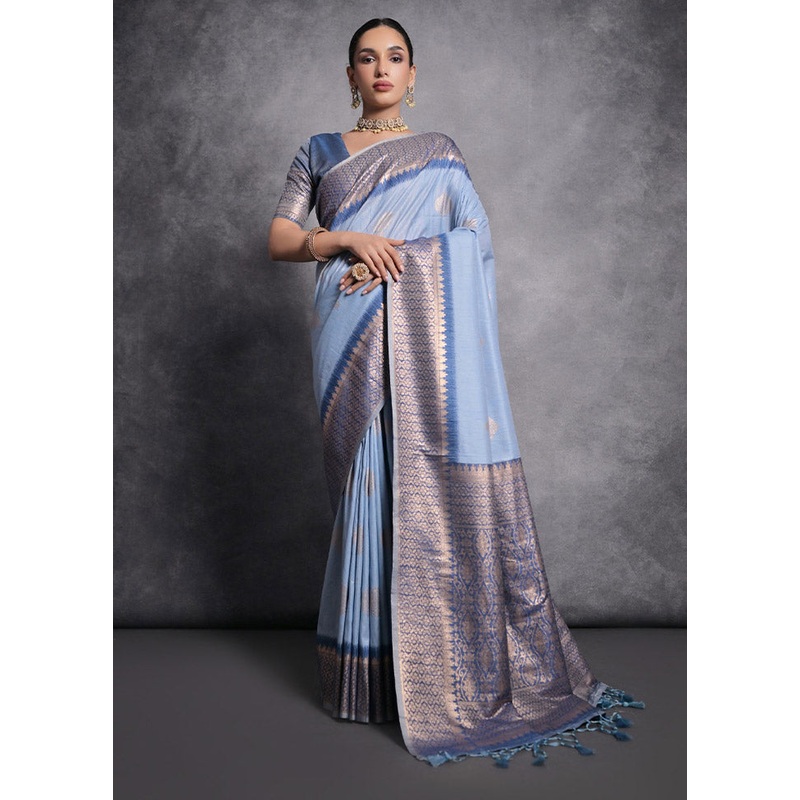 Blue Tussar Silk Saree With Blouse Piece - JD986612827