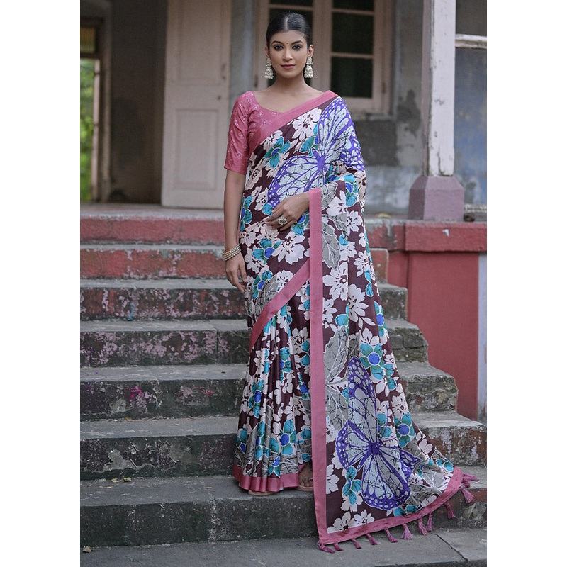 Coffee Cotton Saree With Blouse Piece - JD986612820