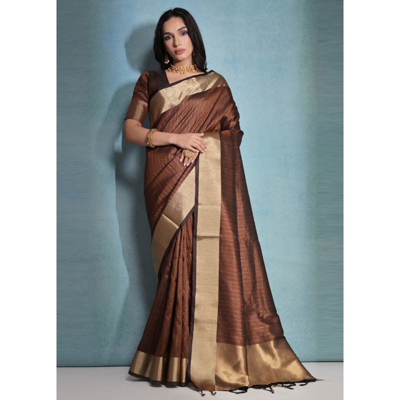 Coffee Dupion Silk Saree With Blouse Piece - JD986612819