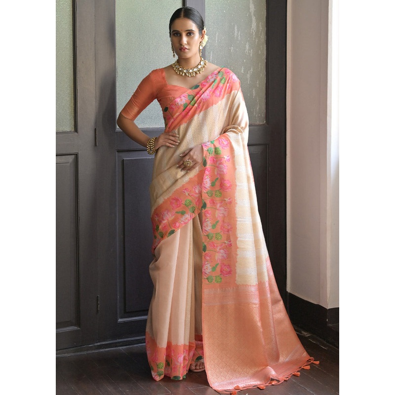 Cream Banarasi Silk Saree With Blouse Piece - JD986612770