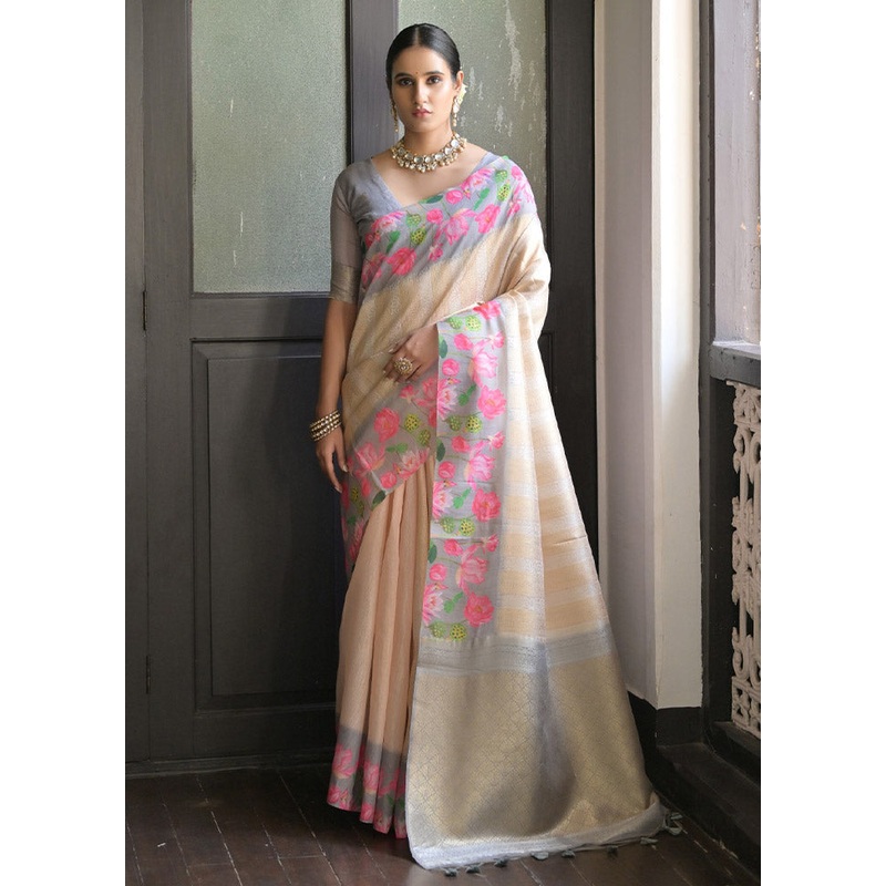 Cream Banarasi Silk Saree With Blouse Piece - JD986612794