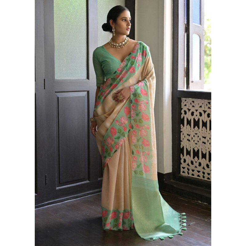 Cream Banarasi Silk Saree With Blouse Piece - JD986612805