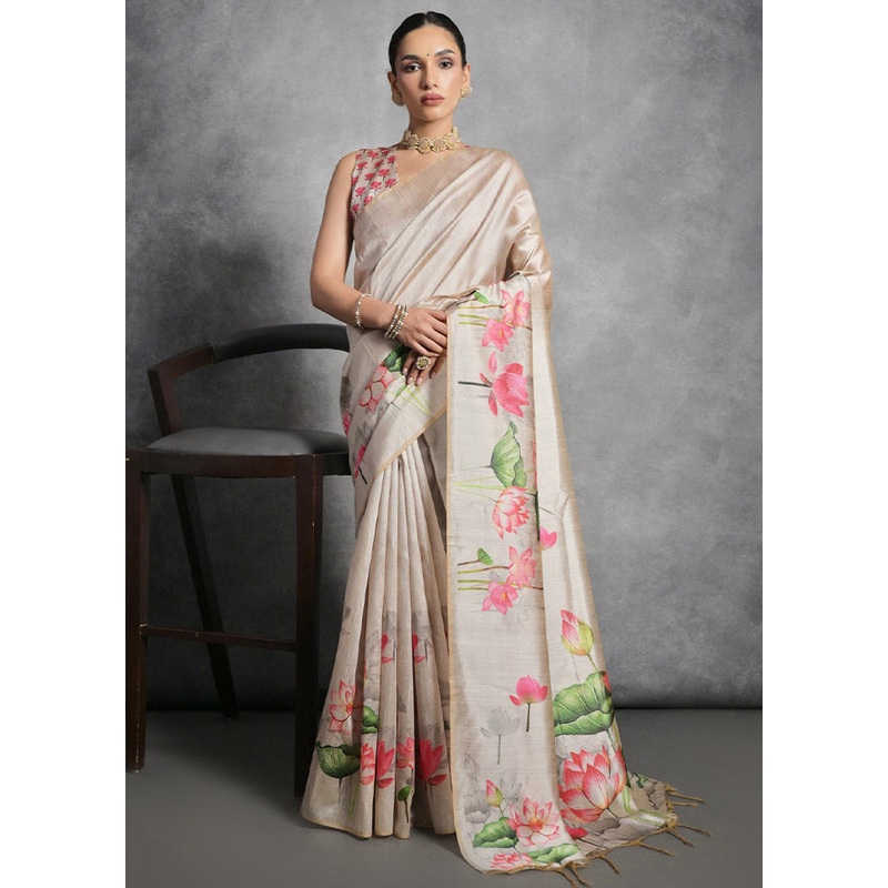 Cream Tussar Silk Saree With Blouse Piece - JD986612813