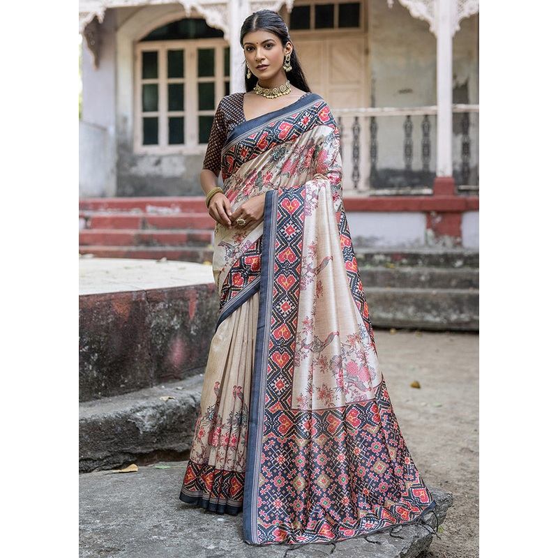 Cream Tussar Silk Saree With Blouse Piece - JD986612835