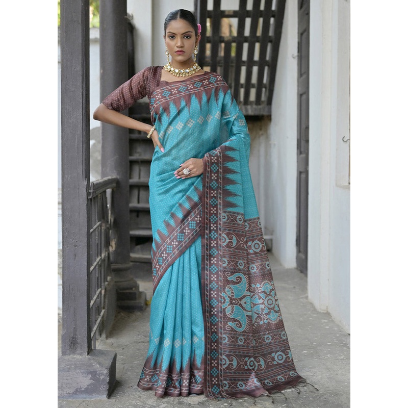 Firoza Tussar Silk Saree With Blouse Piece - JD986612807