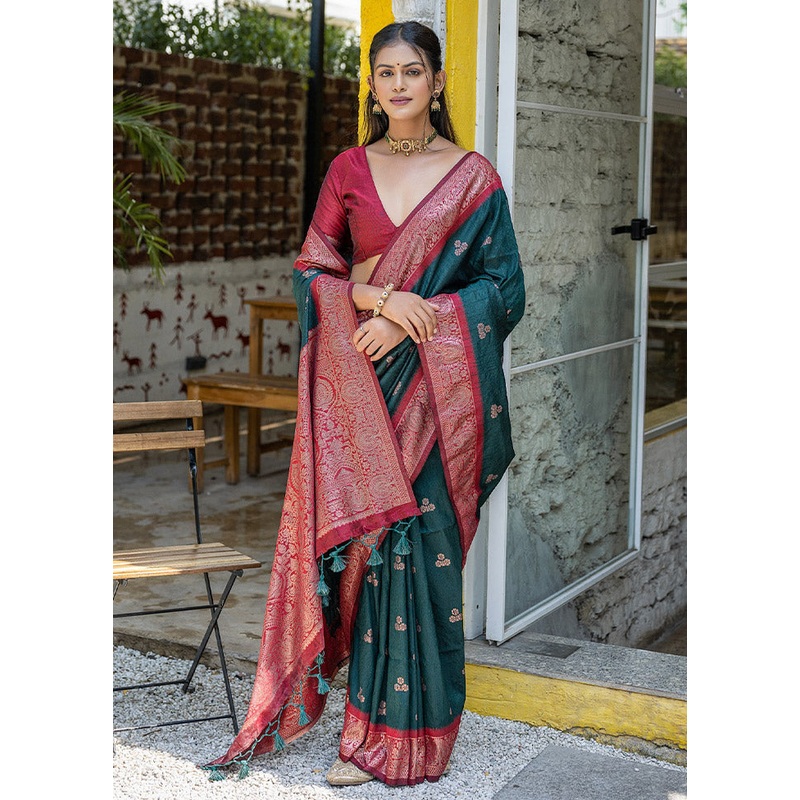 Green Banarasi Silk Saree With Blouse Piece - JD986612804