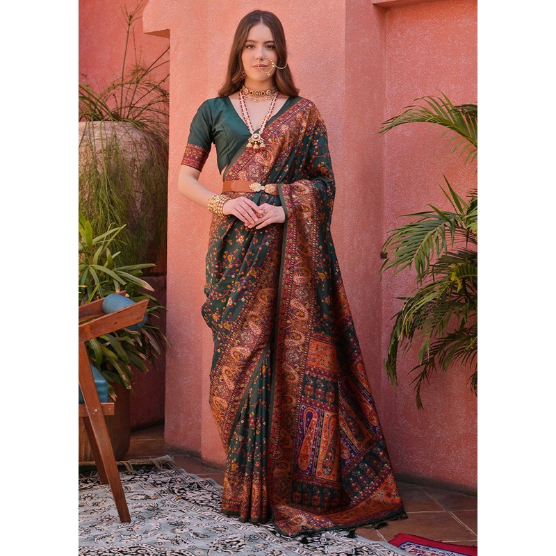 Green Banarasi Silk Saree With Blouse Piece - JD986612806